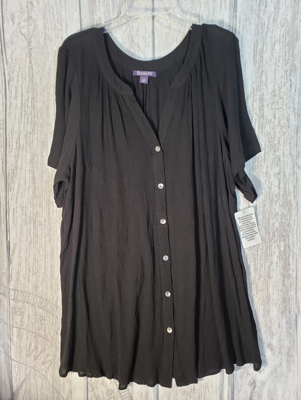 Roaman's Plus Size Angelina Crinkle Crepe Y-Neck Short Slv Black Tunic 24W NEW!